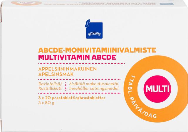 Rainbow ABCDE-moniviitamiiniporetabletti appelsiininmakuinen ravintolisä 3x20kpl/3x80g