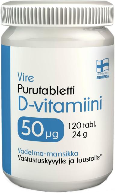Vire D3-vitamiinivalmiste vadelman ja mansikan makuinen purutabletti 120 tablettia / 24 g