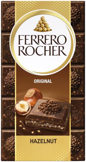 Ferrero Rocher Original -maitosuklaalevy 90g. Täytettyä maitosuklaata (60%) hasselpähkinätäytteellä (37%) ja hasselpähkinän paloilla.