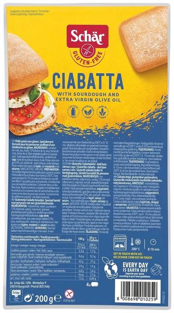 Ciabatta eelküpsetatud, gluteenivaba  200 g