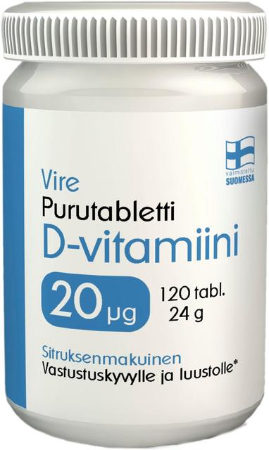 Vire D3-vitamiinivalmiste sitruksenmakuinen purutabletti 120 tablettia / 24 g