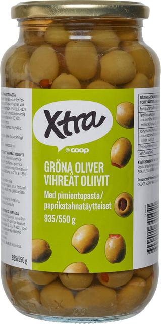 Xtra paprikatahnatäytteiset vihreät oliivit 935/550 g