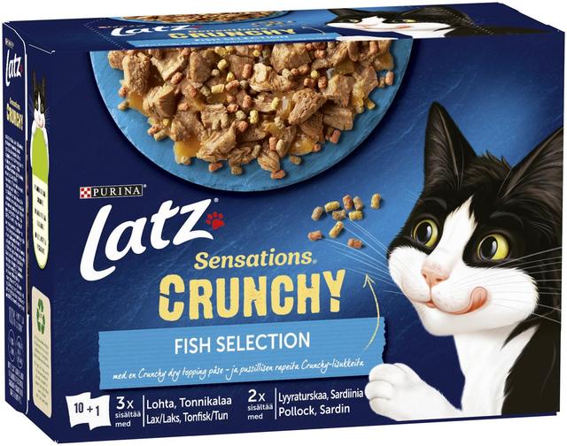 Latz Sensations Crunchy 10x85g+40g Fish lajitelma hyytelössä 4 varianttia kissanruoka