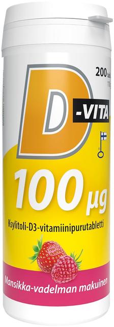 D-Vita 100 ug mansikka-vadelmanmakuinen 200 tabl ksylitoli-D3-vitamiini purutabletti, Vitabalans