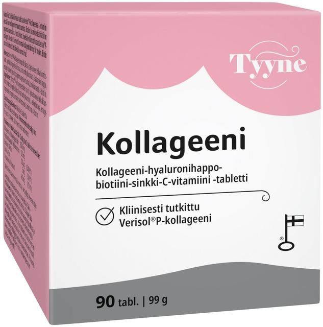 Tyyne Kollageeni 90 tabl., kotimainen kollageeni-hyaluronihappo-biotiini-sinkki-C-vitamiini tabletti, Vitabalans