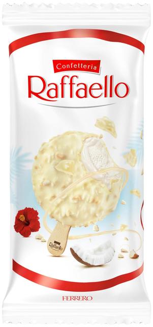 Raffaello-jäätelö 47g. Kookoksen makuinen jäätelö (63,9%), rapealla kookoksen makuisella kuorrutteella (34,2 %), jossa on mantelin paloja.