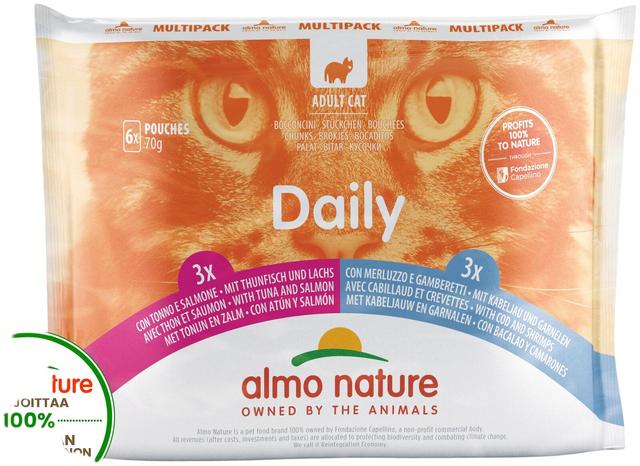 Almo Nature Daily multipack kissan täysravinto tonnikala-lohi & turska-katkarapu 6 x 70 g