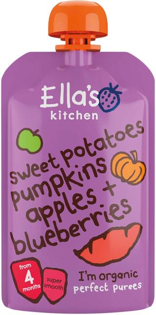 Ella’s Kitchen hedelmä-vihannessose bataatti+kurpitsa+omena+mustikka LUOMU 120 g