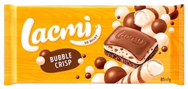 Piimašokolaad lacmi bubble crisp 85g piimatäidisega, krõbeda riisi ja vahvliga