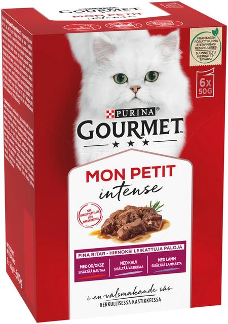 Gourmet 6x50g Mon Petit Sisältää Nautaa, Vasikkaa ja Lammasta lajitelma 3 varianttia kissanruoka