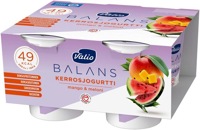 Valio Balans kerrosjogurtti 4x125 g mango-meloni rasvaton laktoositon