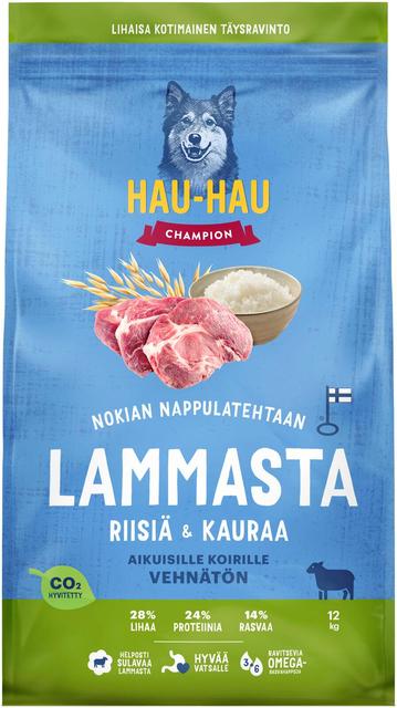 Hau-Hau Champion Nokian Nappulatehtaan Lammasta, riisiä & kauraa täysravinto aikuisille koirille 12 kg