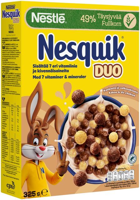 Nestlé Nesquik Duo 325g kaakaomuroja ja valkoisella suklaalla kuorrutettuja muroja