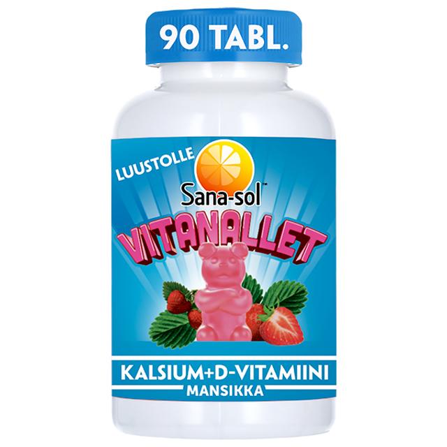 Sana-sol Vitanallet Kalsium+D-vitamiinivalmiste pehmeä, sokeriton, pureskeltava ja mansikanmakuinen ravintolisä 90kpl