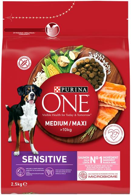 Purina ONE 2,5kg Medium/Maxi Sensitive runsaasti lohta, sisältää riisiä koiranruoka