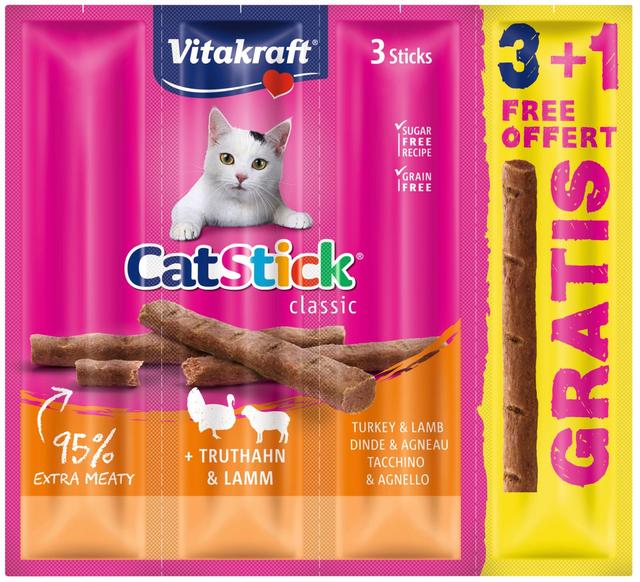 Vitakraft Cat Stick Lihatikku kissoille, kalkkuna & lammas 3+1 24g