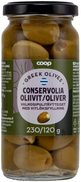 Coop vihreät oliivit valkosipulitäytteellä 240/120 g