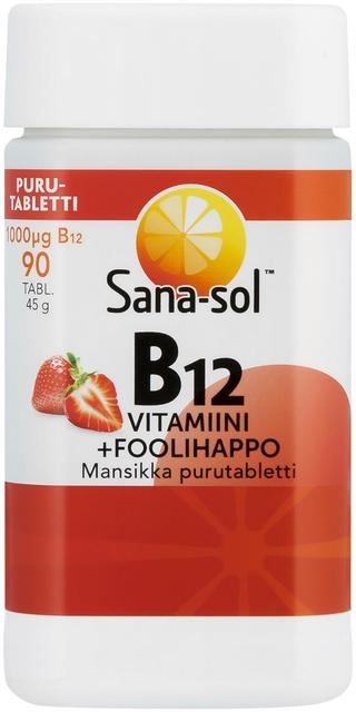 Sana-sol B12-vitamiini 1000µg+foolihappo Mansikka purutabletti ravintolisä 90tabl/45g