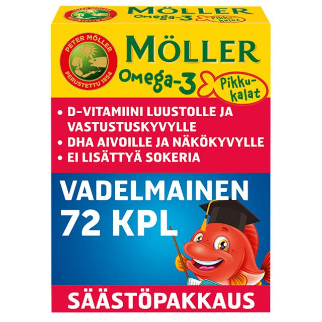 Möller Omega-3 Pikkukalat säästöpakkaus vadelmainen pehmeä pureskeltava 72kpl