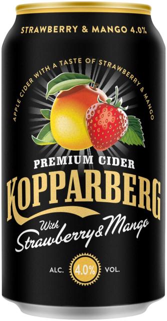 Premium Cider Kopparberg with Strawberry & Mango 4,0%, Mansikan ja mangon makuinen omenasiideri tölkki 33cl