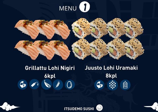 Itsudemo Sushi Box, 6*Grillattu Lohi nigiri, 8*Juusto Lohi Uramaki