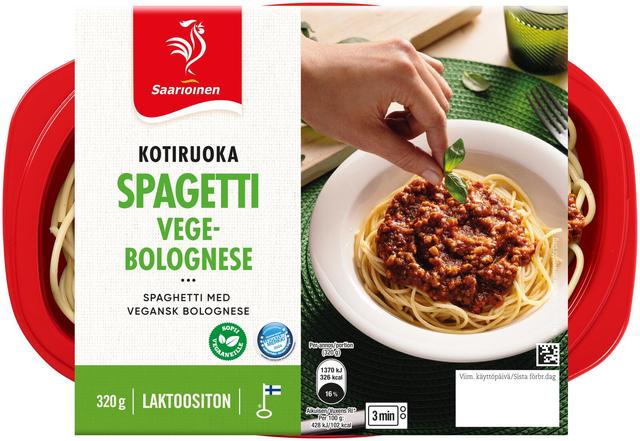 Saarioinen Spagetti Vegebolognese, spagettia ja tomaattista härkäpapukastiketta 320g