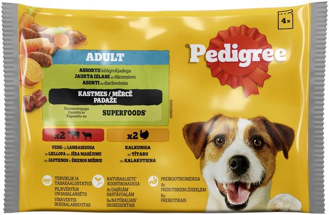 Koeraeine PEDIGREE 4-pakk looma- ja küülikulihaga/kalkuniliha ja porganditega kastmes, 4x100g