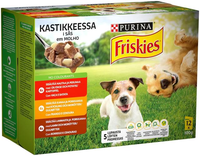 Friskies 12x100g Adult Nautaa, Lammasta ja Kanaa kastikkeessa lajitelma 3 varianttia