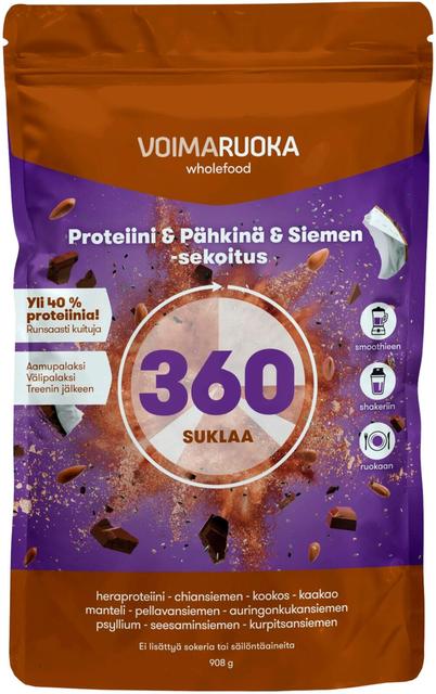 Voimaruoka 360 Wholefood suklaan makuinen proteiini-siemensekoitus 908g