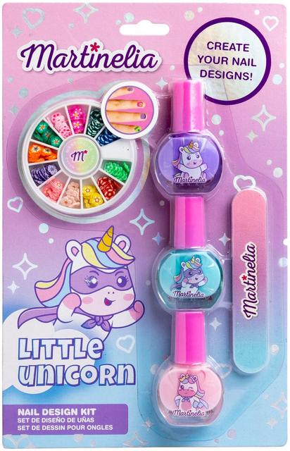 Martinelia Little Unicorn kynsisetti. Lahjapakkaus sisältää 3 kynsilakkaa, kynsiviila ja kynsitarra koristeita