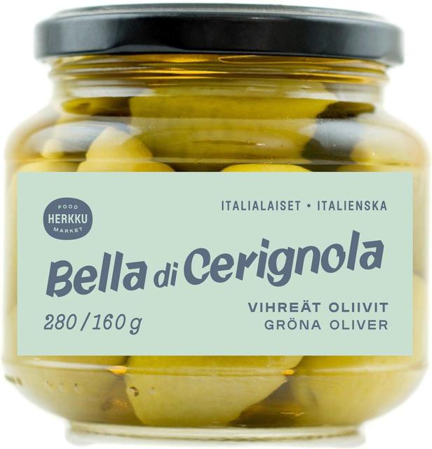 Herkku Bella di Cerignola italialaiset vihreät oliivit 280g/160g