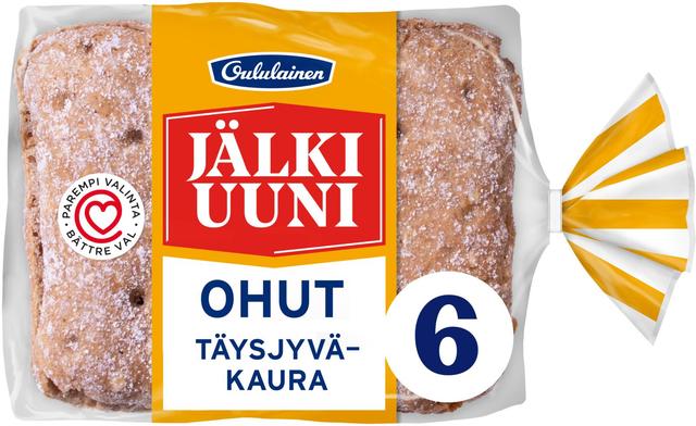 Oululainen Jälkiuuni Ohut Täysjyväkaura 6kpl 280g, täysjyväkauraleipä