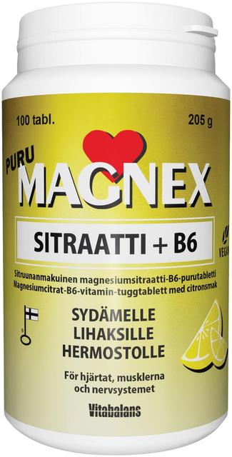 Magnex Sitraatti 375 mg + B6 puru 100 tabl/205g., kotimainen, sitruunanmakuinen magnesiumsitraatti-B6-vitamiini purutabletti, Vitabalans