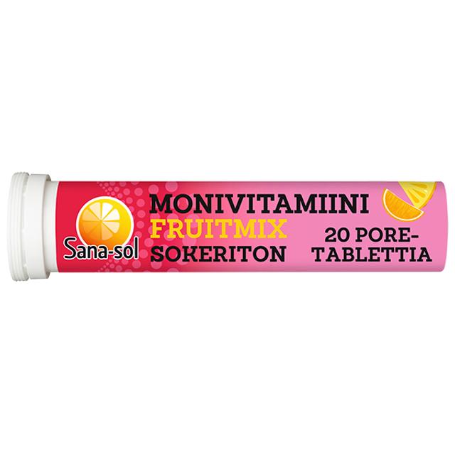 Sana-sol Monivitamiini Fruitmix sokeriton hedelmänmakuinen monivitamiiniporetabletti 20 poretablettia