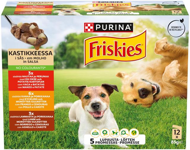 Friskies 12x85g adult nautaa, lammasta ja kanaa kastikkeessa lajitelma 3 varianttia