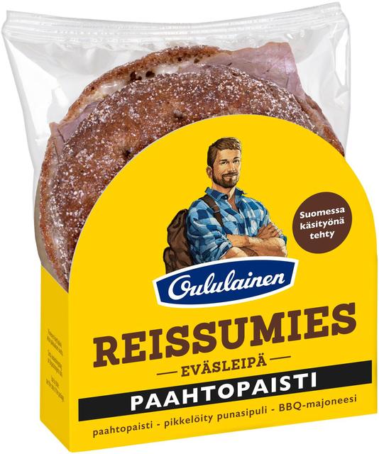 Oululainen Reissumies Eväsleipä Paahtopaisti 130g, täytetty täysjyväruisleipä paahtopaisti-pikkelöity punasipuli-BBQ-majoneesi