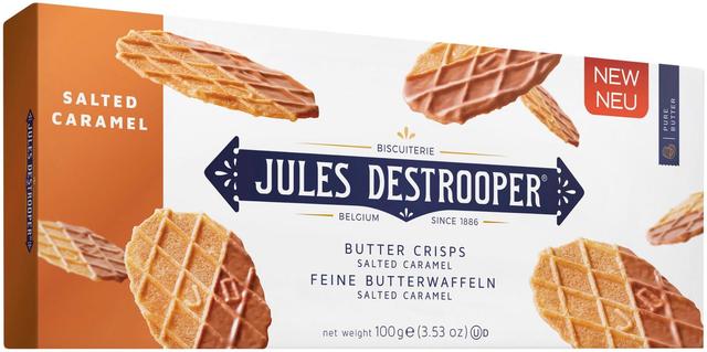 Jules Destrooper Butter Crisp Salted Caramel 100g, Voikeksi suolakinuskikuorrutteella