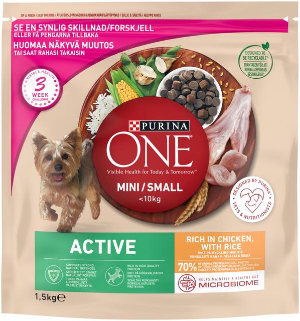 Purina ONE 1,5kg Small Dog <10kg Active Runsaasti Kanaa, sisältää Riisiä koiranruoka