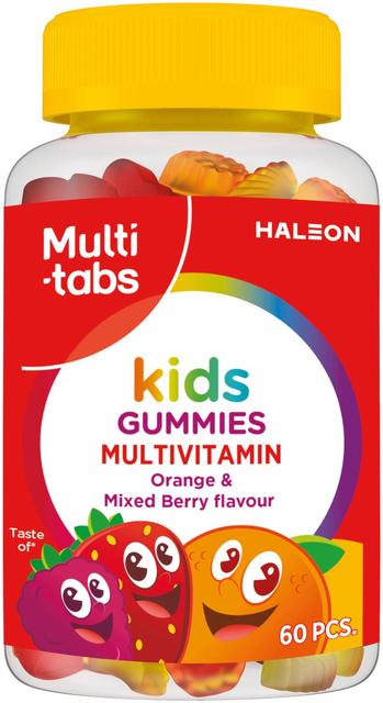 Multi-tabs Kids Gummies Monivitamiini, Appelsiinin ja Marjanmakuinen pehmeä, sokeriton ja pureskeltava monivitamiinivalmiste, 60 kpl
