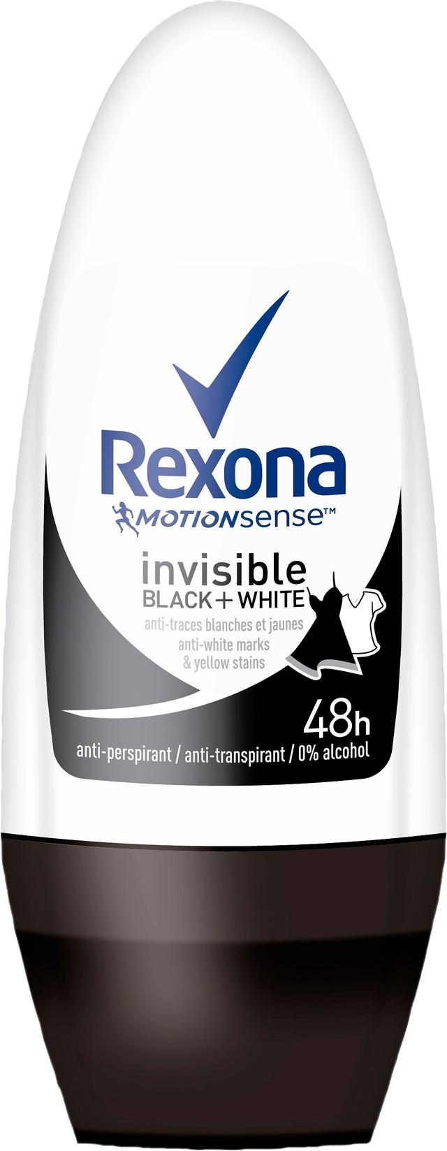 Rexona Invisible On Black & White Clothes Antiperspirantti Deodorantti Roll-on 48 h suoja Värjäytymiä vastaan 50 ml