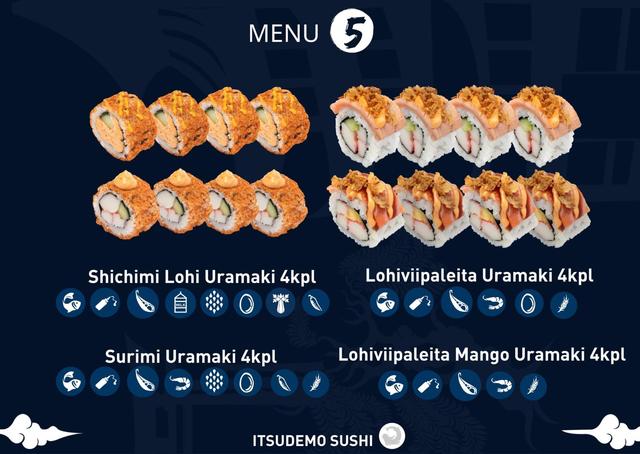 Itsudemo sushi box, 4*Lohiviipaleita Mango Uramaki, 4*Lohiviipaleita Uramaki, 4* Shichimi Lohi Uramaki, 4*Surimi Uramaki