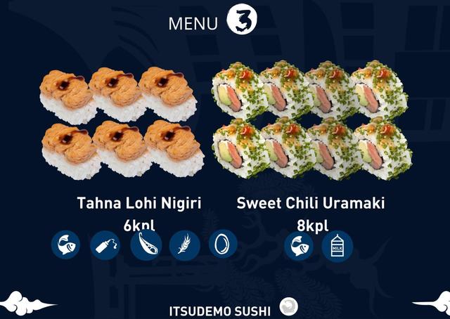 Itsudemo sushi box, 6*Tahna Lohi nigiri, 8*Sweet Chili uramaki