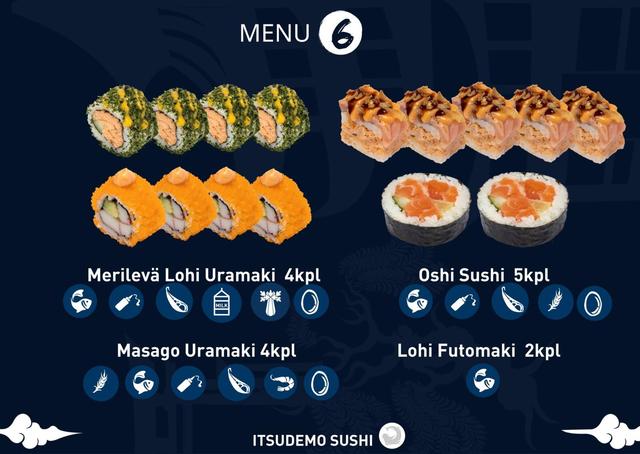 Itsudemo sushi box, 2*Lohi Futomaki, 5*Oshi sushi, 4*Merilevä Lohi uramaki, 4*Masago Uramaki