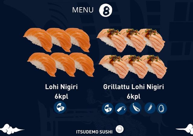 Itsudemo sushi box, 6* Lohi nigiri, 6* Grillattu Lohi nigiri