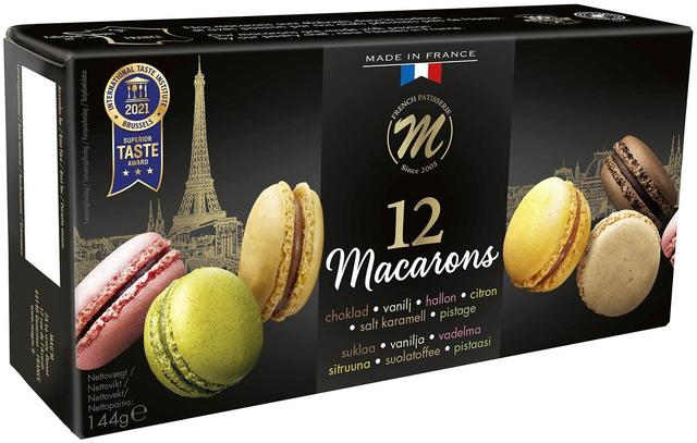 Macarons-leivos 12kpl/144g (Suklaa, Vanilja, Vadelma, Sitruuna, Suolainen kinuski, Pistaasi) Pakaste