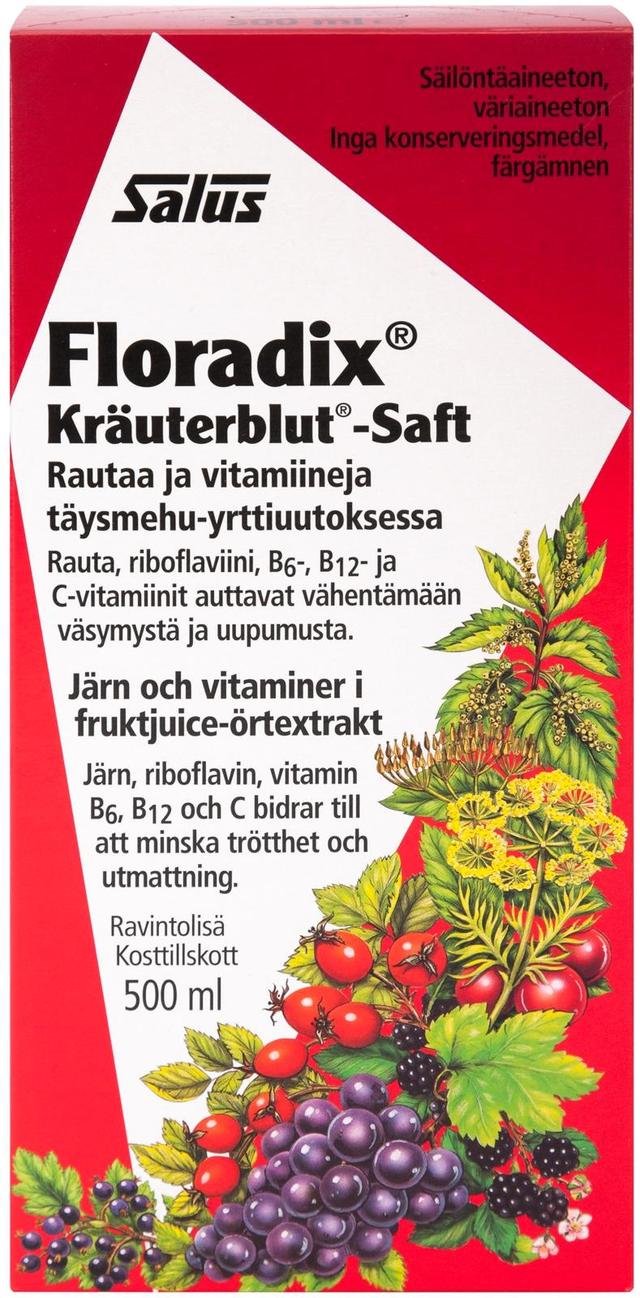 Salus Blutsaft Floradix rautaa ja vitamiineja täysmehu-yrttiuutoksessa 500ml