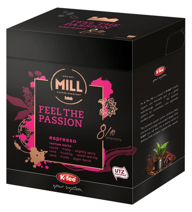 K-fee Mr & Mrs Mill Feel The Passion espresso coffee kahvikapseli 12kpl
