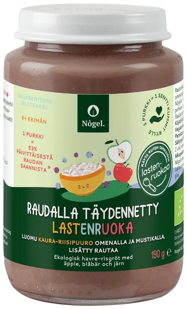 Luomu kaura-riisipuuro omenalla ja mustikalla, lisätty rautaa, 190 g