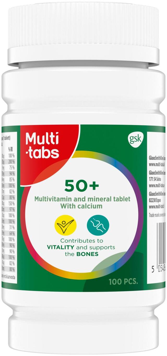 Multi-tabs 50+ Monivitamiini 100 tablettia, Monivitamiini-kivennäisainevalmiste aikuisille, ravintolisä