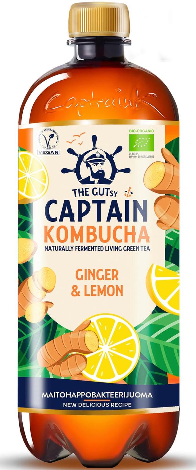 950ml The Gutsy Captain Kombucha Ginger Lemon, inkiväärin ja sitruunan makuinen kombucha-juoma LUOMU